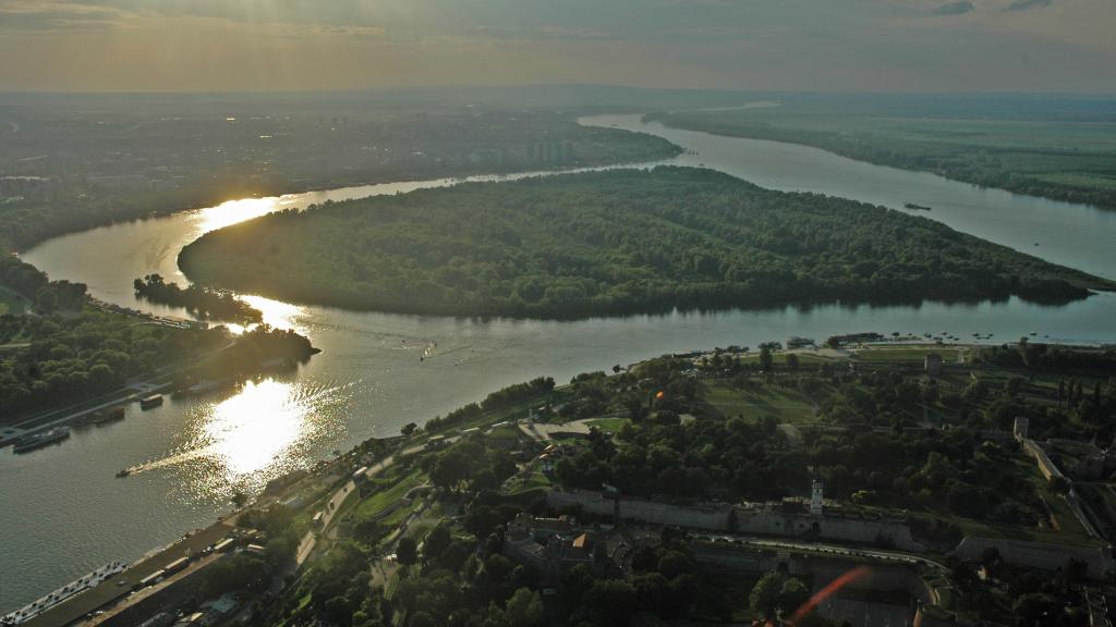 Aerial view of Mouth of the Sava River in Belgrade 