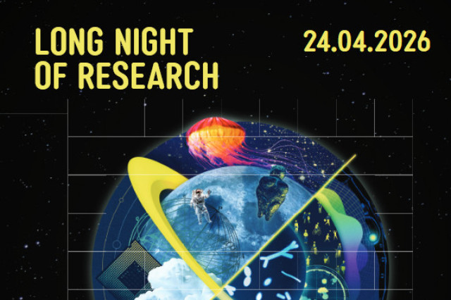 Poster advertising the Long Night of Research 2026, a text in yellow letters on a back background with a globe in the middle and the date: 24004.2026 on the right 