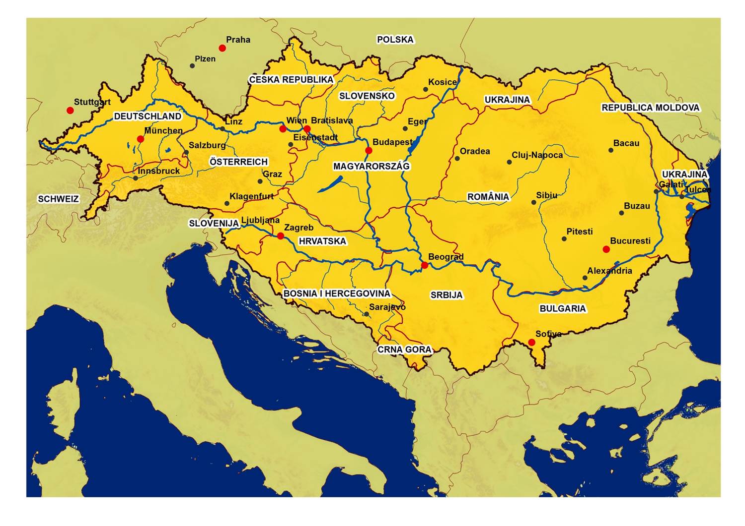 Какие реки протекают в европе. Бассейн реки Дунай. Бассейн реки Дунай на карте. Река Дунай на карте. Устье реки Дунай на карте Европы.
