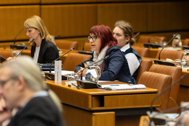 Woman speaks into microphone next to man and other woman